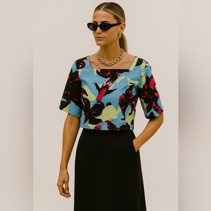 Dries Van Noten Floral Printed Top Light Blue Size 34 US 2 Short Sleeve Blouse